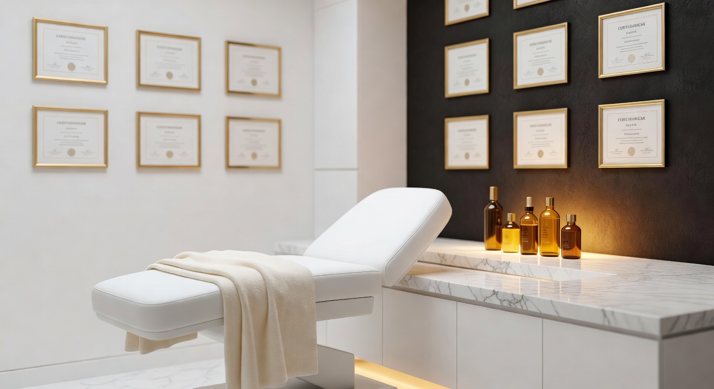 Studio Napora mit Behandlungsliege und gerahmten Zertifikaten